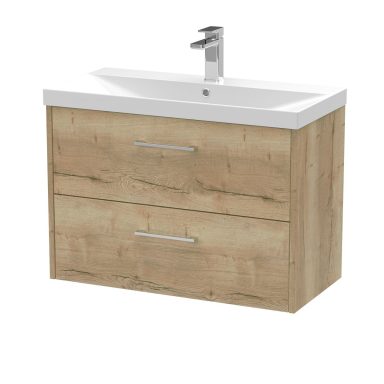 Wooden bathroom vanity unit with two drawers and a white sink top.